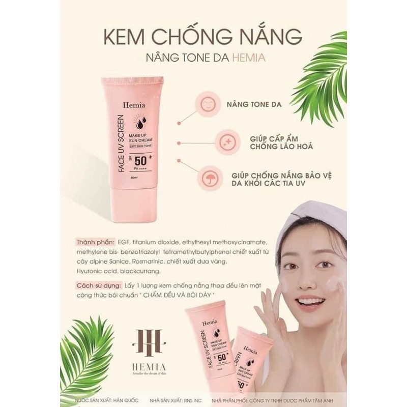 Kem Chống Nắng Hemia Hàn Quốc 100% Tự Nhiên Dùng Được Cho Bà Bầu Dưỡng Trắng Nâng Tone An Toàn