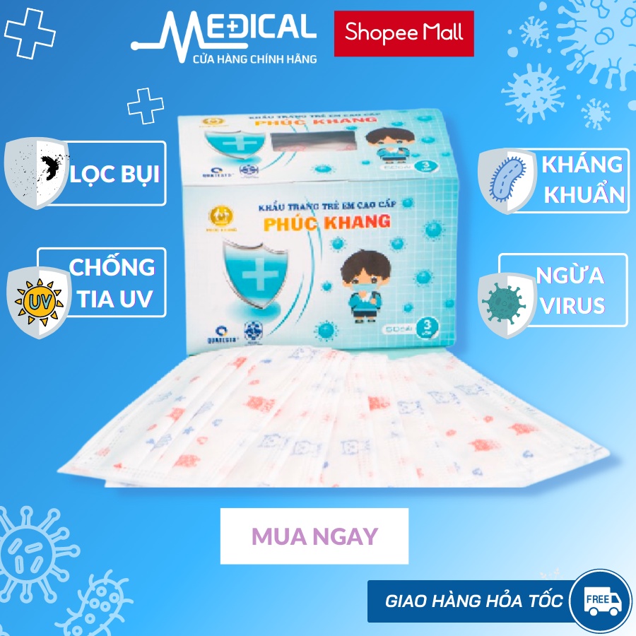 Khẩu trang trẻ em cao cấp PHÚC KHANG KID cùng họa tiết dễ thương &quot; hộp 50 cái&quot; dùng cho bé ( 4-12 tuổi ) - MEDICAL
