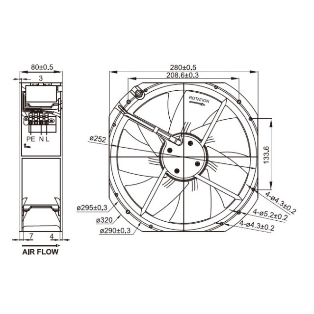 QUẠT HÚT, QUẠT TẢN NHIỆT AC 28CM 230V ORIX MRS280-DUL 280X280X80MM 220V