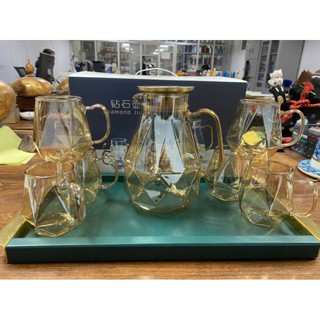 Bộ bình 6 ly thủy tinh chịu nhiệt ánh vàng, bộ bình nước thủy tinh 1800ml