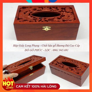 Hộp đựng giấy cao cấp chạm khắc Long Phụng tinh tế - chất liệu gỗ Hương đá tự nhiên