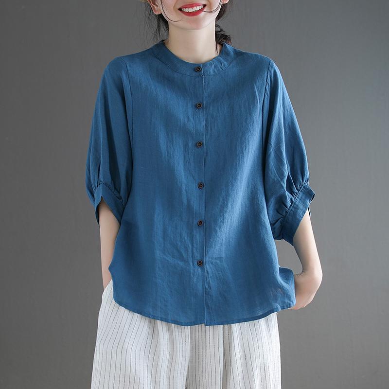 Áo sơ mi linen ngắn tay cổ tàu, kiểu khuy phía trước