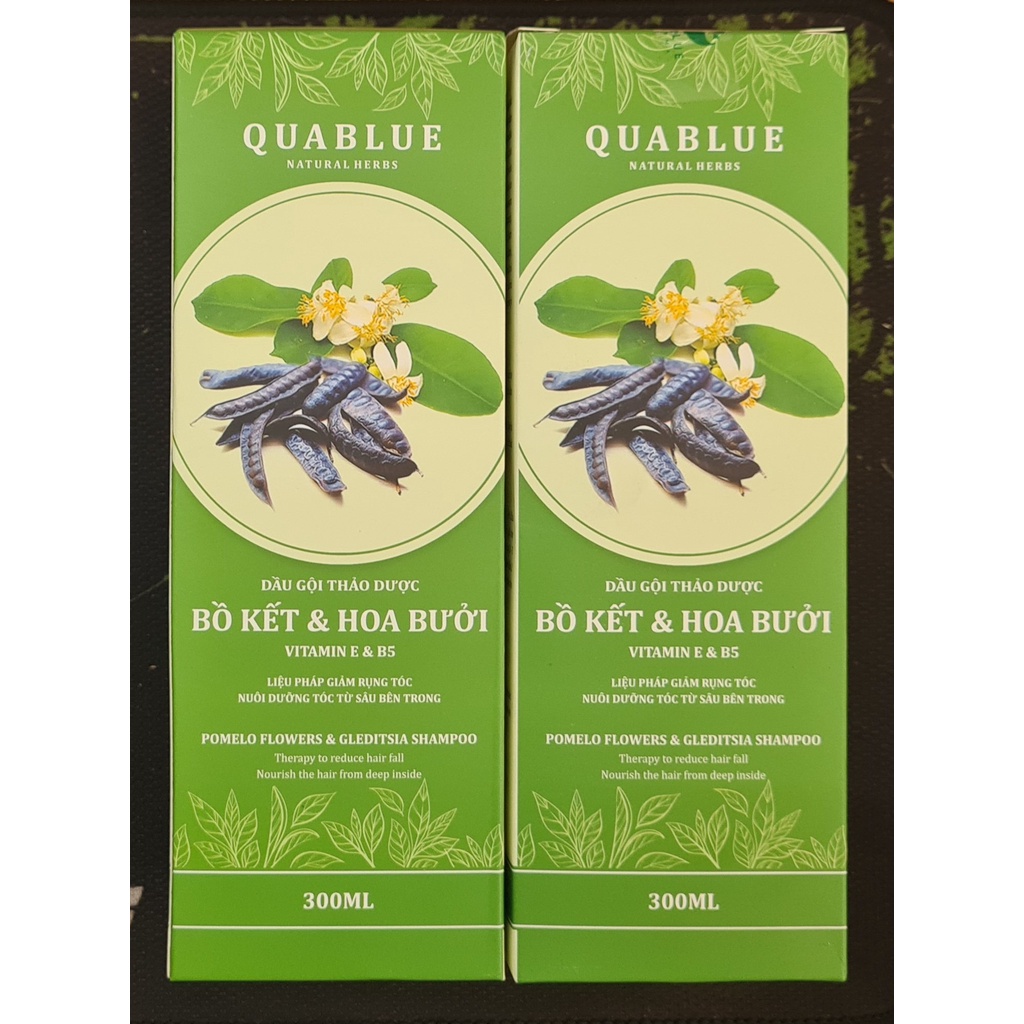 Dầu gội thảo dược Quablue - Chứa bồ kết, hoa bưởi, vitamin E và B5 giúp giảm rụng tóc, nuôi dưỡng tóc từ sâu bên trong.