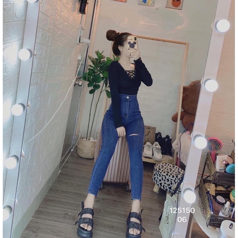 Jeans dài lưng cao co giãn không túi rách 1 line | BigBuy360 - bigbuy360.vn