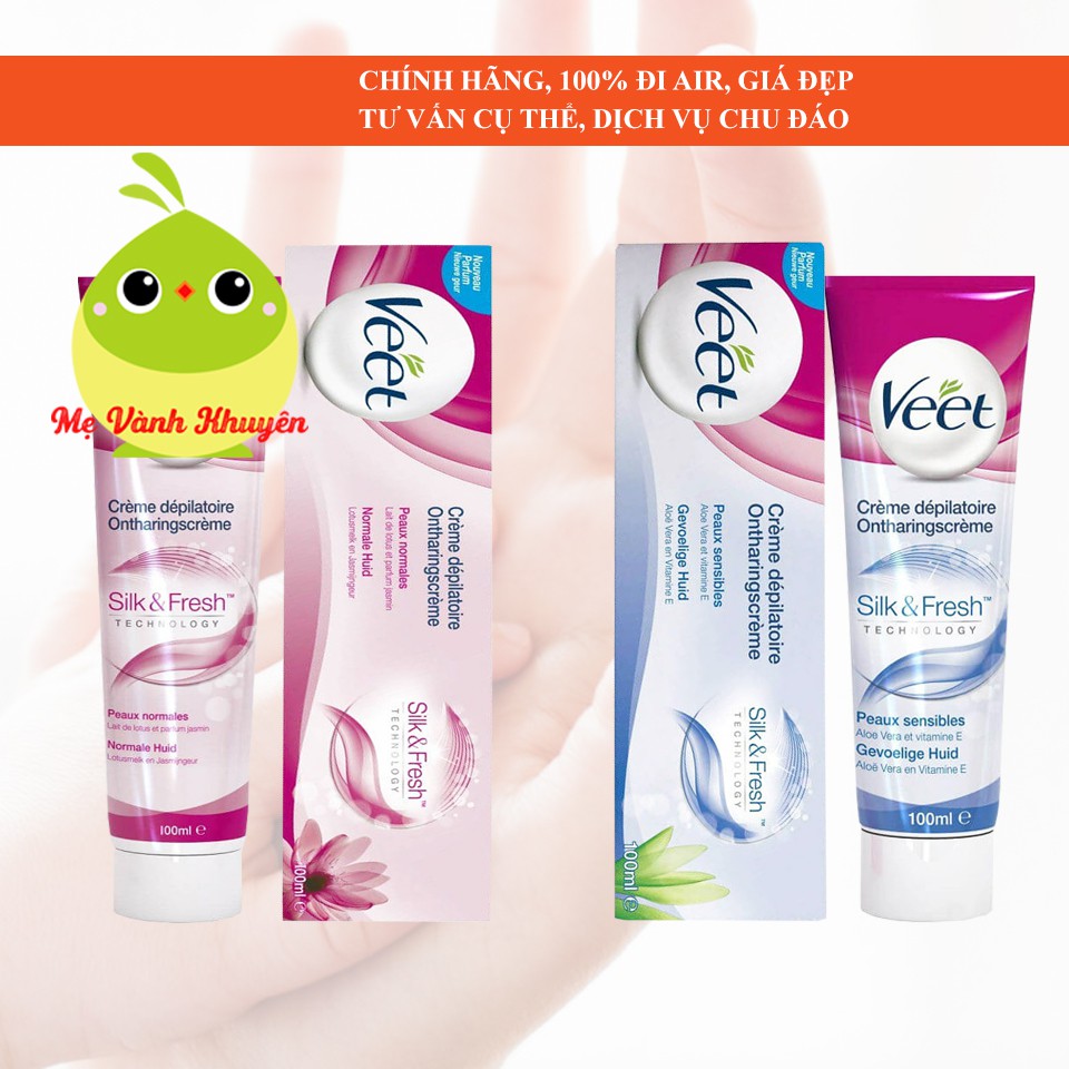 Kem tẩy lông cho da thường (hồng) và da nhạy cảm (xanh dương) Veet Silk & Fresh, Pháp (100ml)