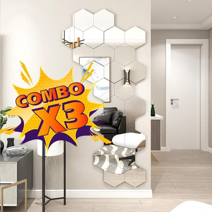 Combo 3 Bộ 12 miếng gương dán tường 3D hình lục giác 8x8 cm
