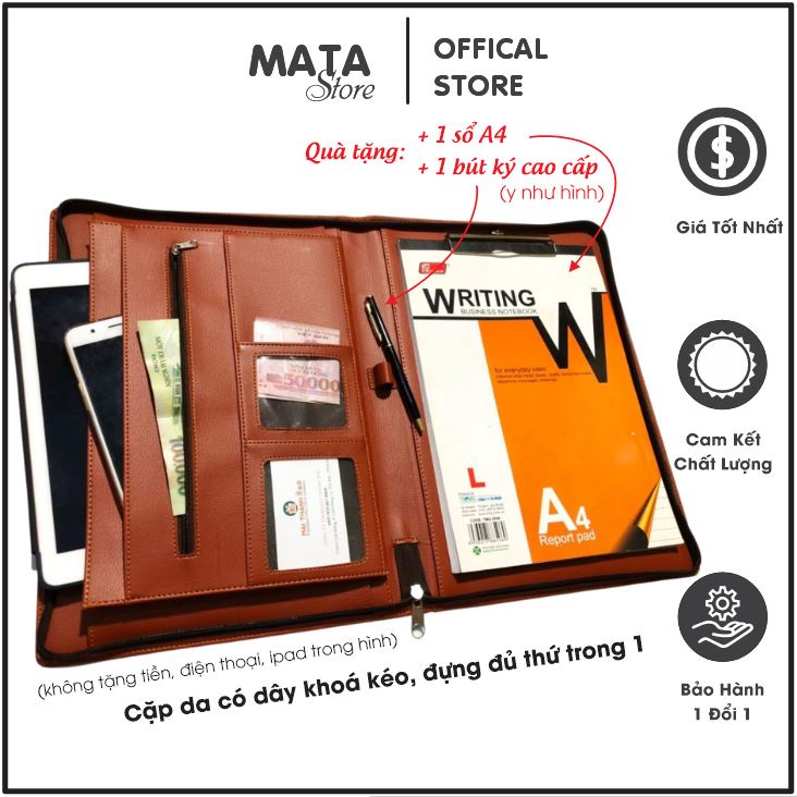 Cặp da bìa da màu nâu CS.02 đa năng cao cấp xịn A4 kẹp hồ sơ tài liệu hợp đồng sale có dây khoá kéo MataStore