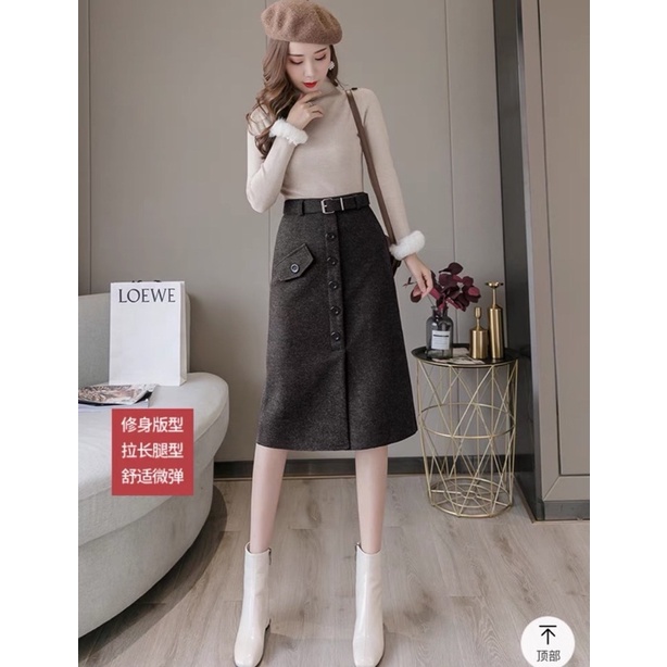 Chân váy dạ dáng dài khuy trước kèm đai, Chân váy dáng dài cạp cao hàng Quảng Châu CV1834 | BigBuy360 - bigbuy360.vn