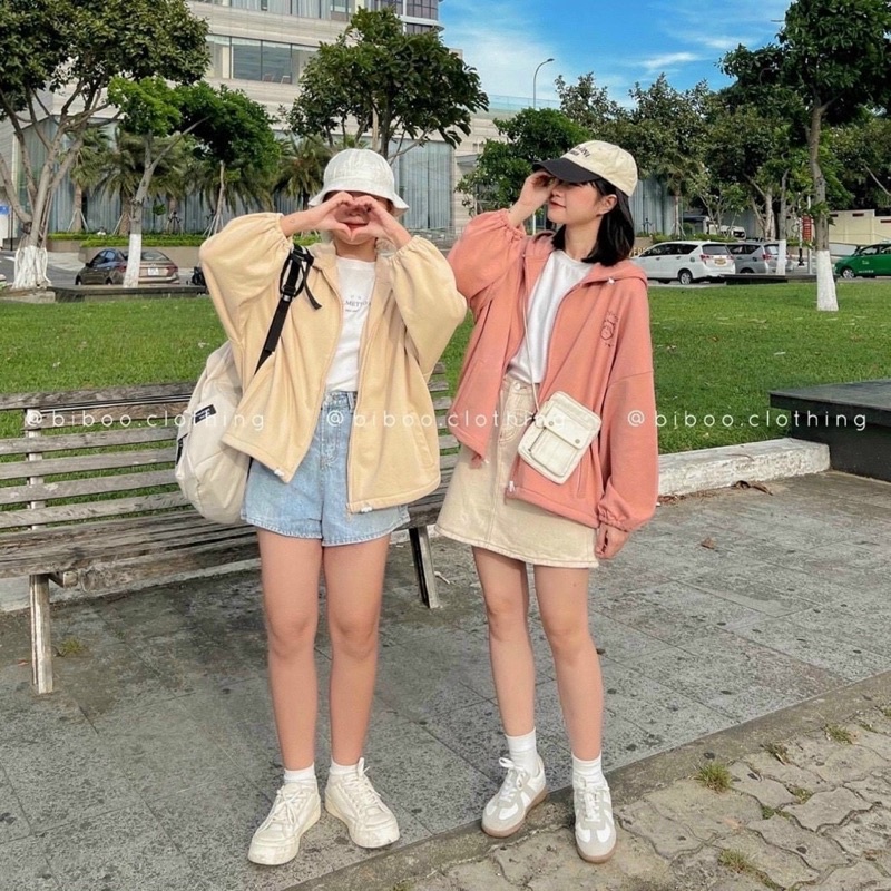 Áo khoác nỉ dây kéo form rộng, nón 2 lớp, có dây rút vạt áo in hình cô gái