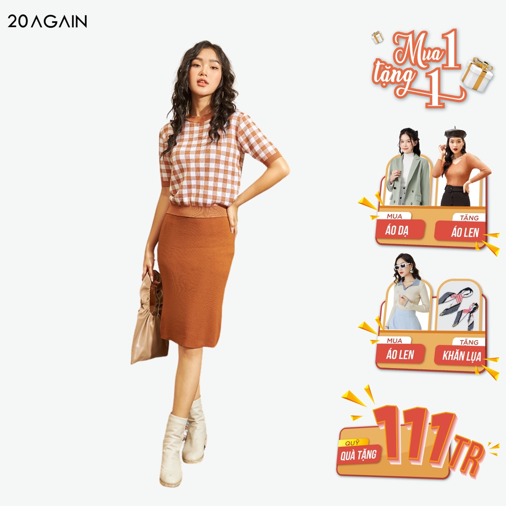 Áo len nữ ngắn tay cổ tròn 20AGAIN,  phong cách Hàn Quốc trẻ trung, họa tiết caro cá tính  ALA0056
