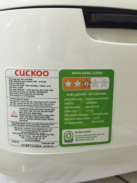 Nồi cơm điện Cuckoo 1,8 lít CRP G1015M