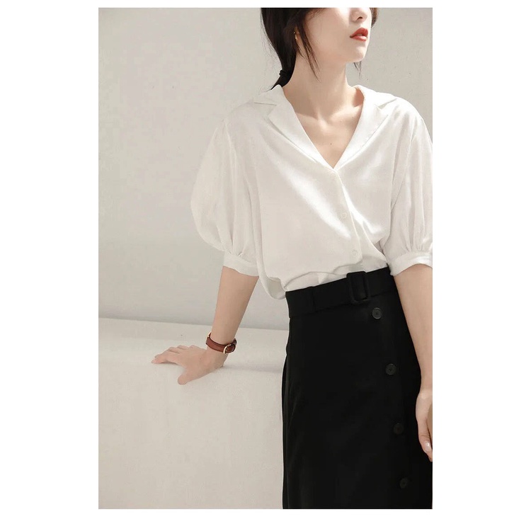 Áo sơ mi IELGY cổ chữ v màu trắng phong cách Pháp cổ điển dành cho nữ