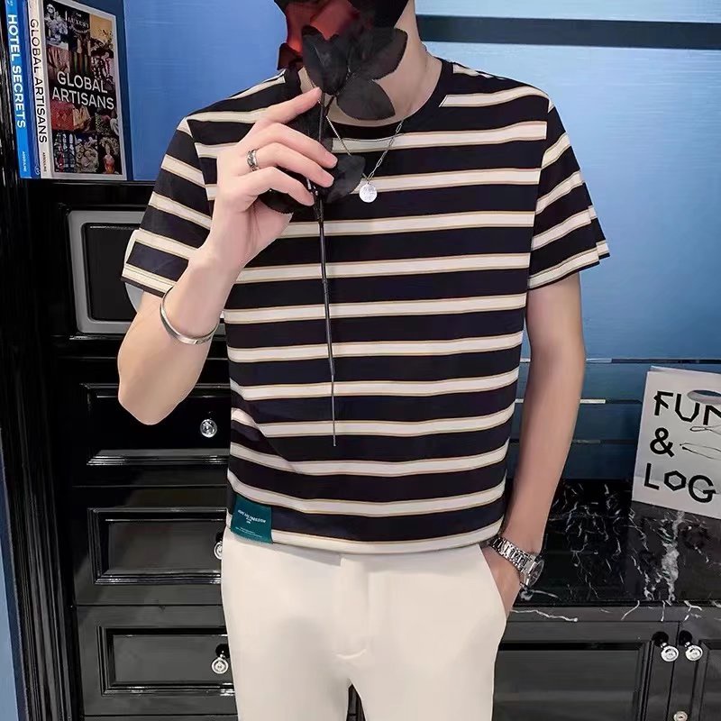 Áo Thun Tay Ngắn Cổ Tròn Kẻ Sọc Đen Xám S-3XL Thời Trang Mùa Hè Cho Nam