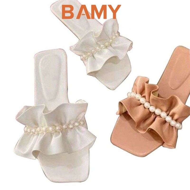 Dép lê nữ nhún nơ bèo đính ngọc châu, dép ulzzang phong cách tiểu thư đi biển, đi chơi cute - BaMy Shoes