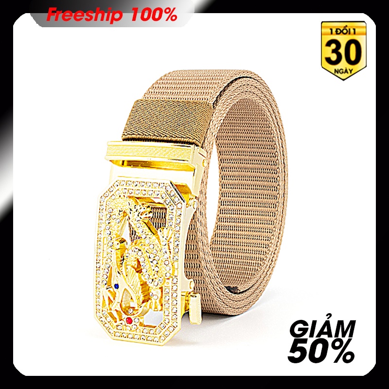 Thắt lưng nam chất liệu vải dù PE-Size 3.5 x115cm dày 0.25 cm - Khóa kim mạ hình rồng vàng đính ngọc - phong cách phượt