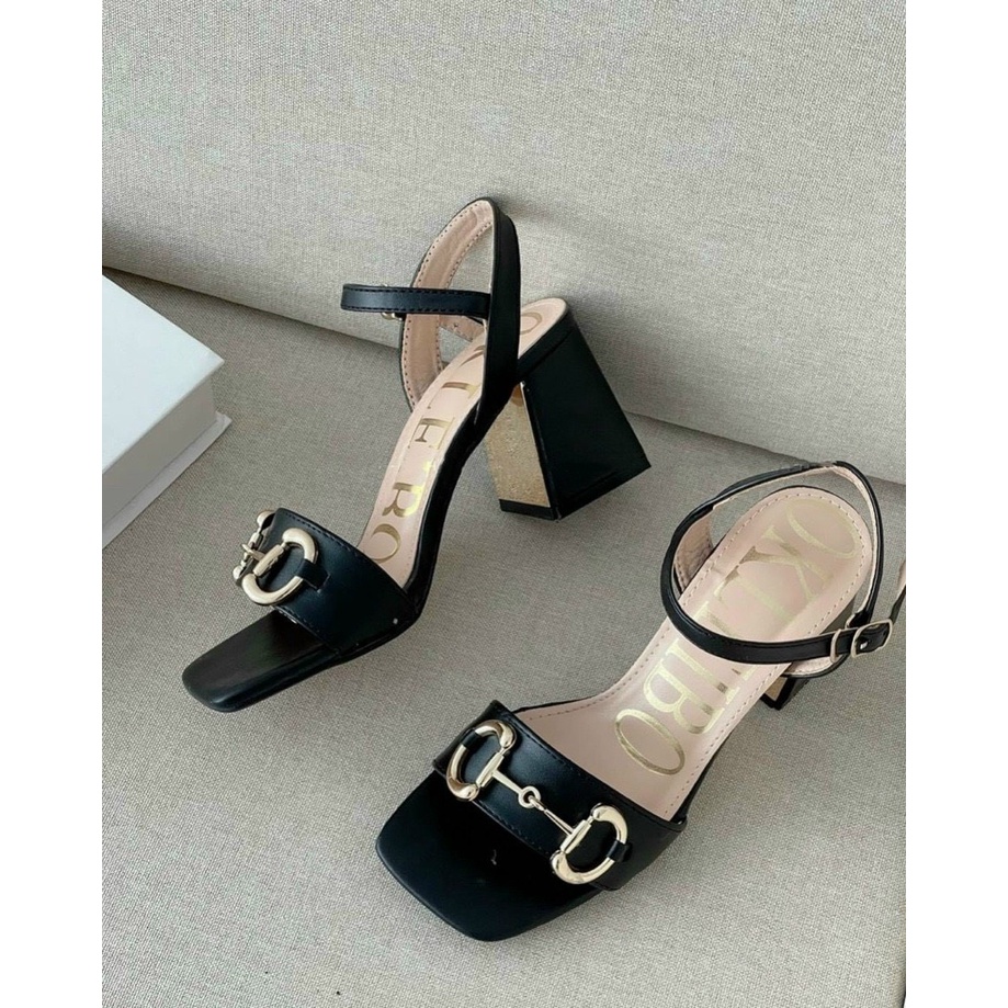 Sandal da mịn khuy ngang gót trụ to ốp vàng - 7P