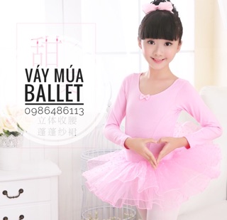 Váy múa ballet basic dài tay hồng