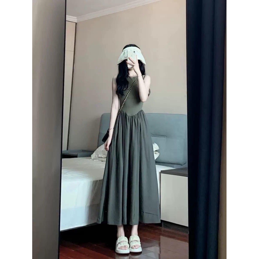 Đầm dạo phố xinh xắn dáng dài chất thun gân phối kate  mịn