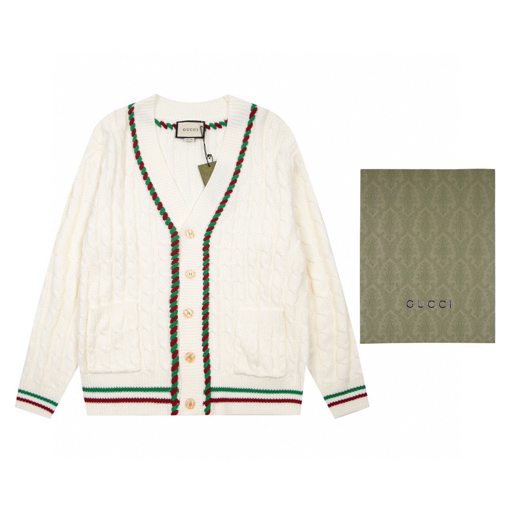 Áo khoác len cadigan nữ dài tay Gucci GC GG đơn sắc phối viền màu trẻ trung