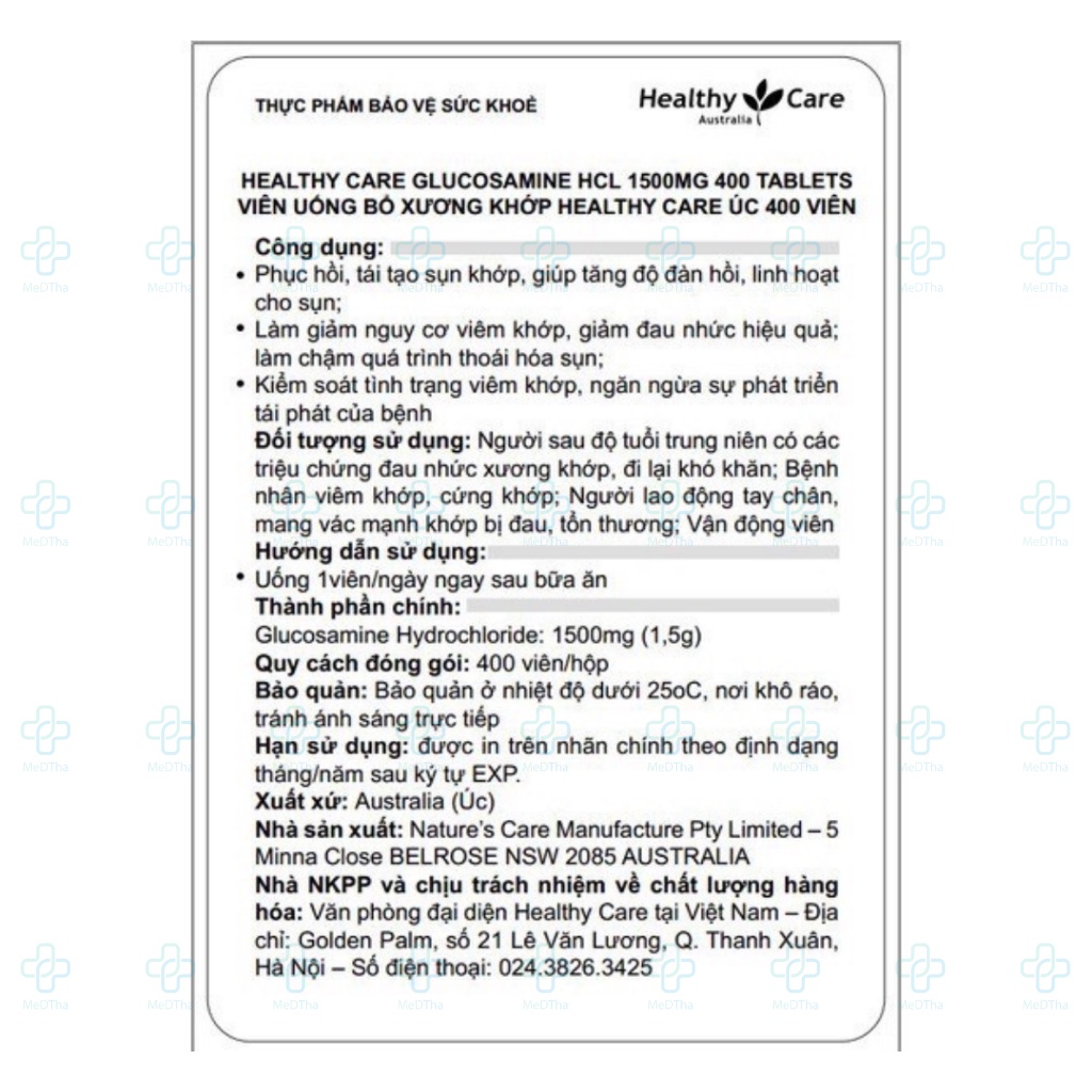 Glucosamine HCL 1500mg Healthy Care - Bổ Xương Khớp, Dịch Khớp, Khô Khớp, Cứng Khớp (Lọ 400 Viên) [Chính Hãng]