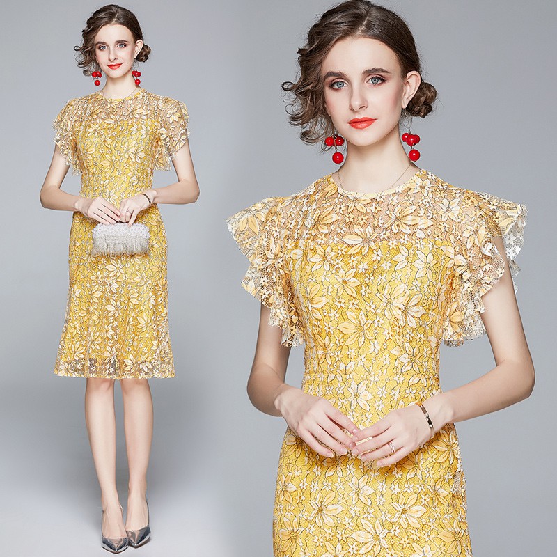 HÀNG QC - ĐẦM BODY REN HOA ĐUÔI CÁ TAY CÁNH TIÊN CAO CẤP - LCT497