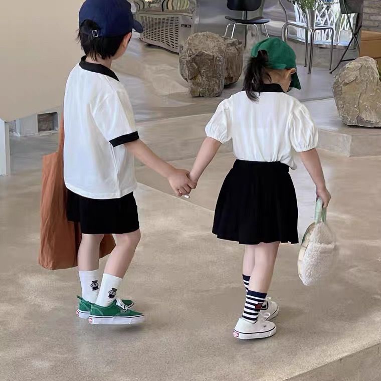 [Babycat] Hàng Có Sẵn Bộ Áo Thun Polo Tay Ngắn Và Chân Váy Ngắn Phong Cách Học Sinh Nhật Hàn Dành Cho Bé Trai Bé Gái Mặc Vào Mùa Hè