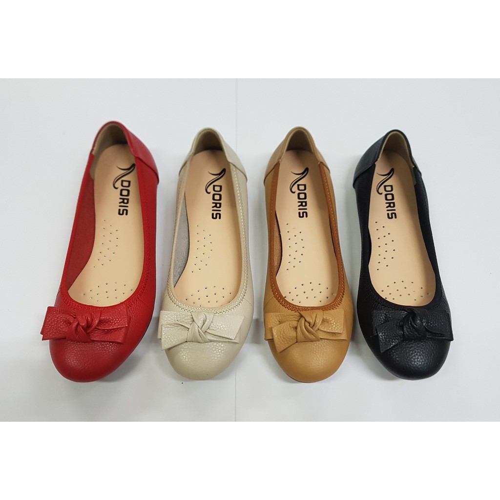 Giày búp bê đế bệt ❤️FREESHIP❤️ da thật mũi tròn gắn nơ vuông màu đen thời trang DORIS DR004. | BigBuy360 - bigbuy360.vn