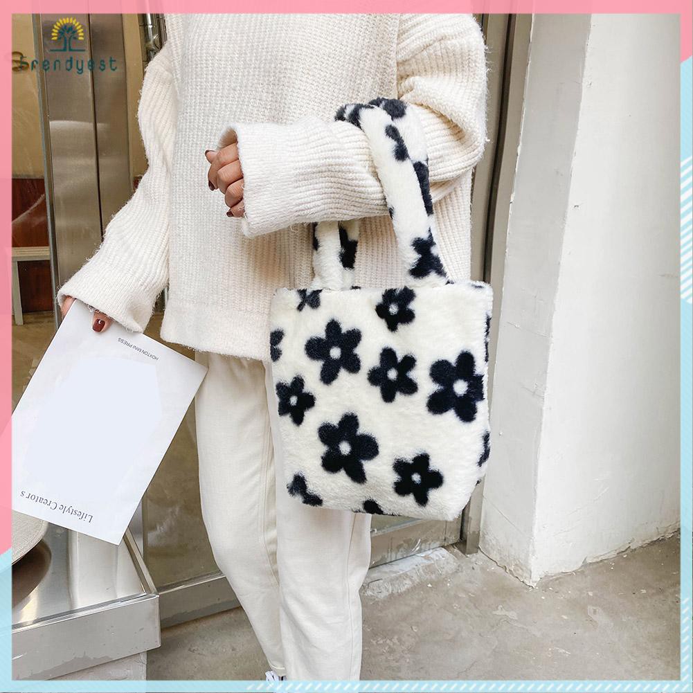 Túi xách đeo vai bằng lông nhung in hoa có tay cầm thời trang mùa thu | BigBuy360 - bigbuy360.vn