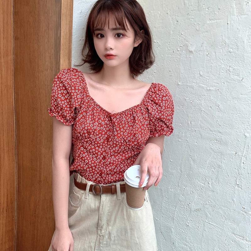 Áo Croptop Vải Voan Hoạ Tiết Hoa Thiết Kế Trễ Vai Quyến Rũ | BigBuy360 - bigbuy360.vn