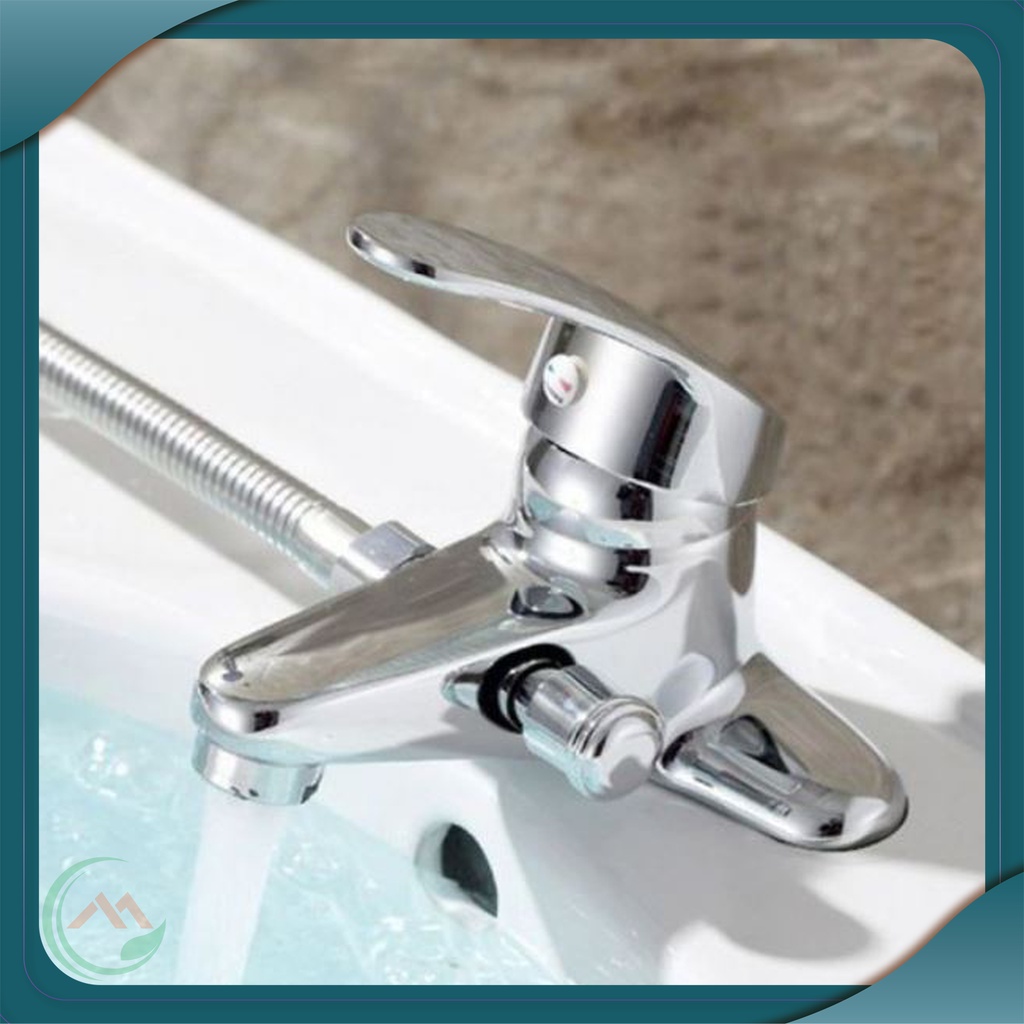 Vòi chậu rửa mặt nóng lạnh, vòi Lavabo liền sen 2 chân chất liệu đồng mạ sáng bóng