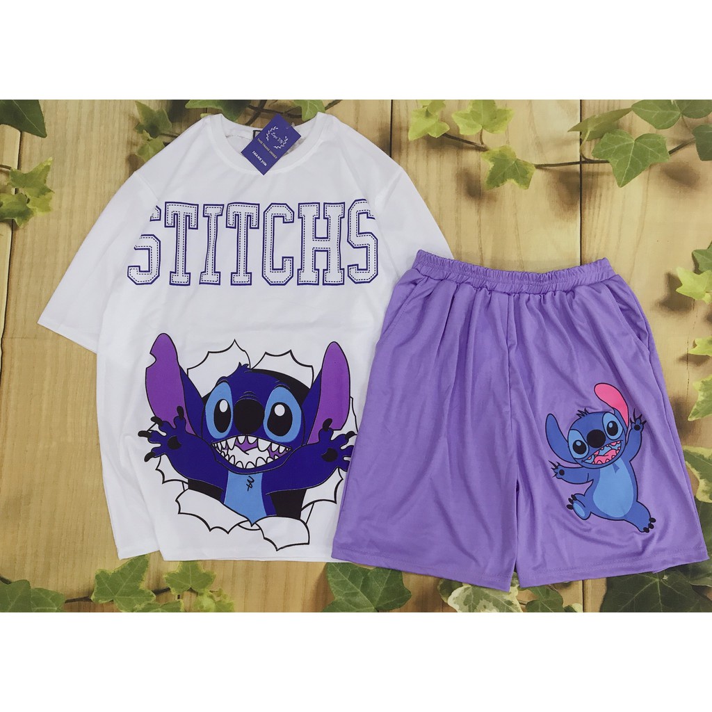 Set Đồ Bộ STITCH TÍM cartoon 3D Cute DB70-Lapi VN Áo+ Quần Đùi Vải Thun Cotton Thoáng Mát, Freesize,Set đồ mặc nhà