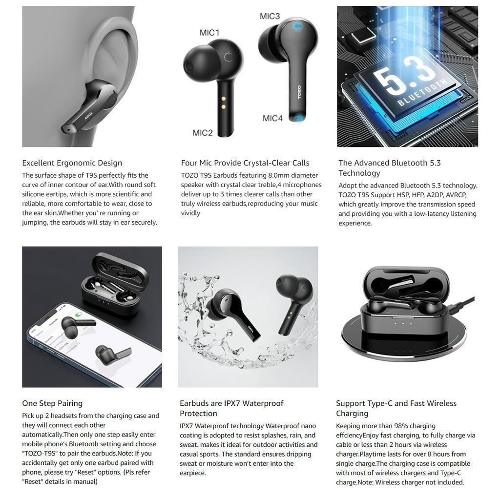 TOZO T9 S, Tai nghe nhét tai không dây, Tai nghe True Wireless, Bluetooth 5.3, chống nước IPX7, tai nghe TWS
