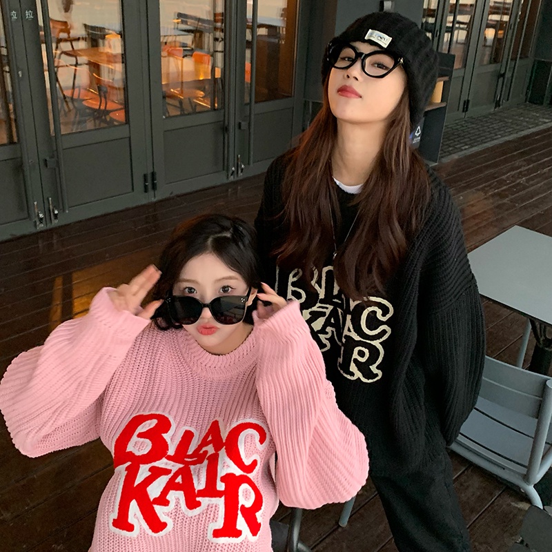 Áo sweater ZHELIHANGFEI dệt kim dài tay dáng rộng họa tiết chữ phong cách Mỹ thời trang dành cho nữ