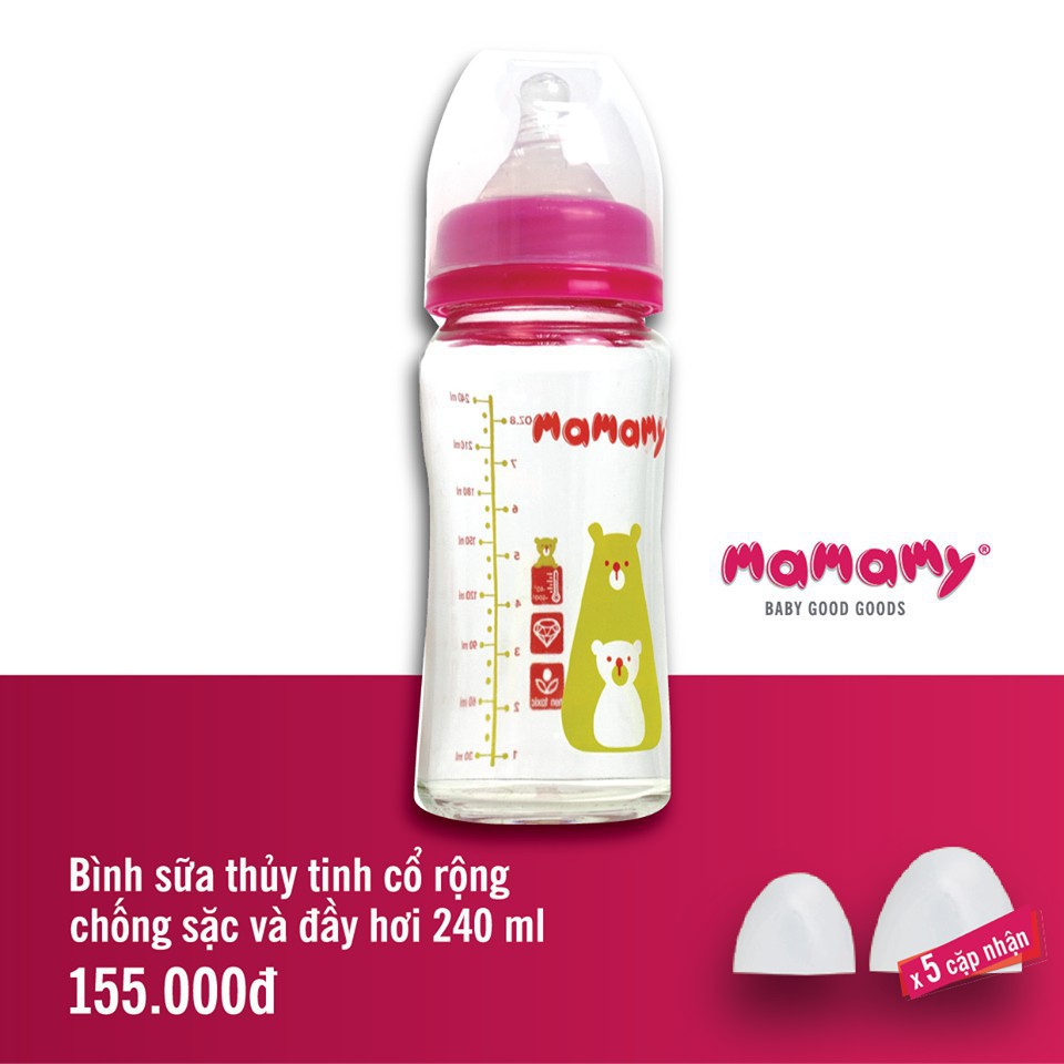 Bình sữa thủy tinh cổ rộng chống sặc và đầy hơi Mamamy 240 ml