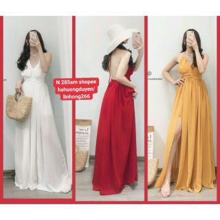 Sẵn Váy maxi cổ yếm cột dây lưng / váy mãi hở lưng xẻ tà đi biển