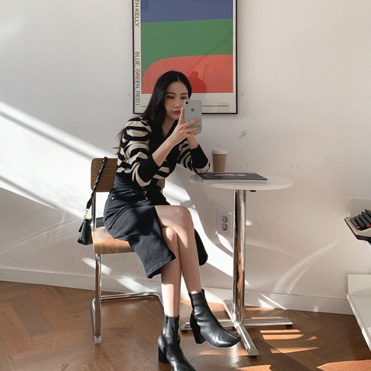 Áo sweater dệt kim SUXI tay dài kẻ sọc ngang thời trang cho nữ