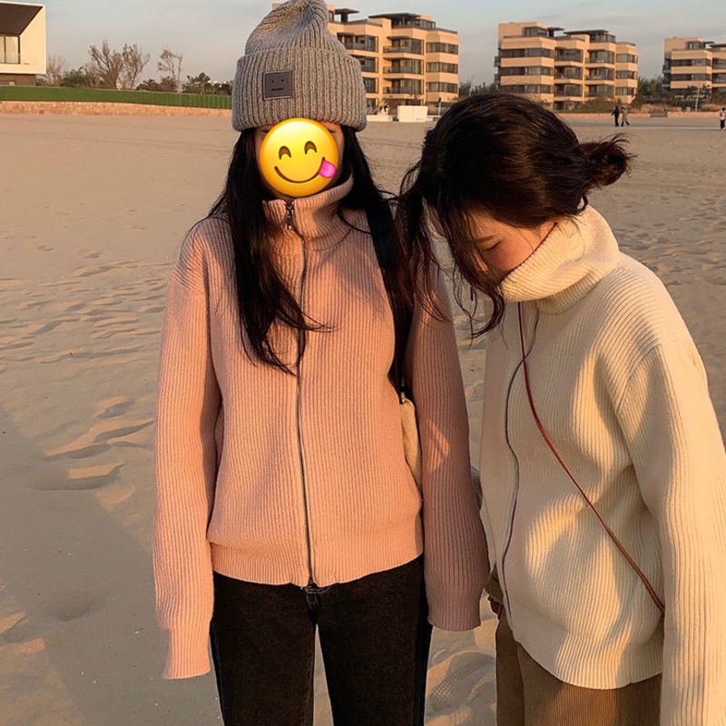 Áo Khoác Cardigan Dệt Kim Cổ Cao Dáng Rộng Màu Sắc Đơn Giản Thời Trang Thu Đông Cho Nữ