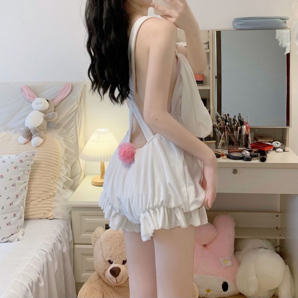 Bộ Đồ Ngủ Mềm Mại Hở Lưng Phối Dây Đan Chéo In Họa Tiết Thỏ Phong Cách Quyến Rũ Cho Nữ