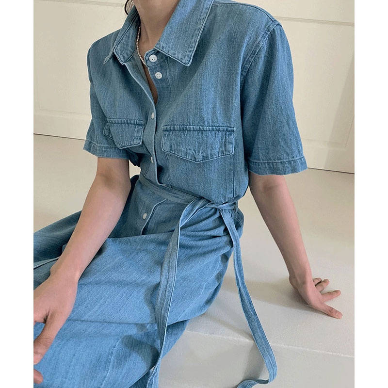 Đầm sơ mi demin dáng dài kèm belt