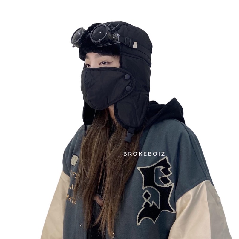 Mũ lông gắn kính phong cách Steampunk, Y2k Brokeboiz