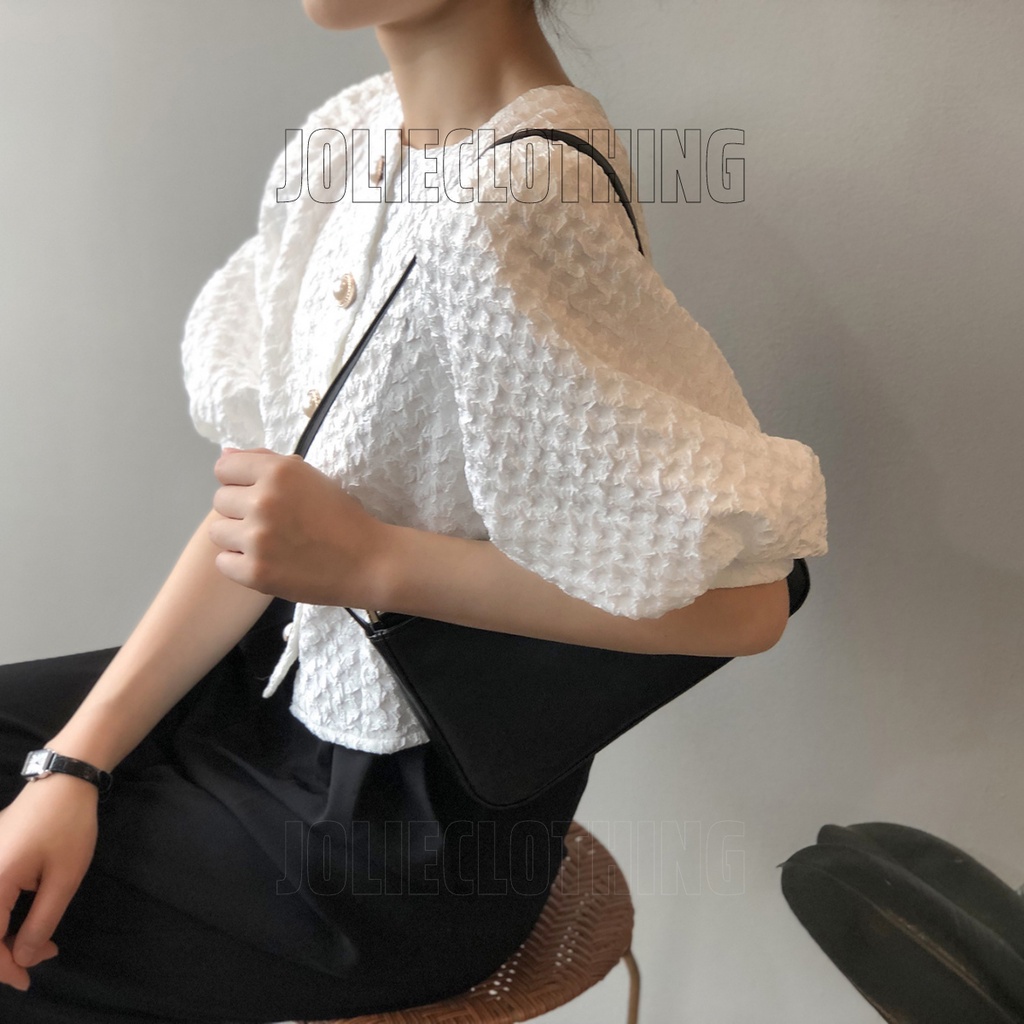 Áo kiểu tay ngắn dáng lửng, áo croptop tay bồng đính khuy tròn sang trọng, áo sơ mi nữ ngắn tay chất vải xốp sang trọng