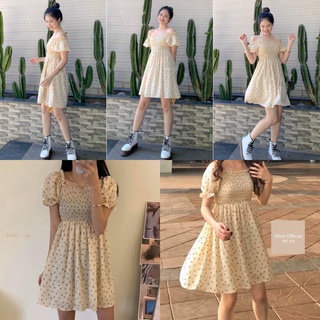 ĐẦM HOA JULY DRESS màu nude thiết kế trễ vai style ulzzang chất vải lụa hoa co giãn không kén dáng