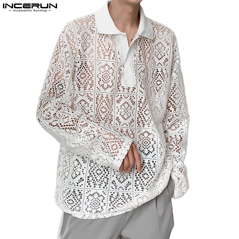Áo sơ mi polo Incerun móc xuyên thấu phối ren hoa cho nam đi biển