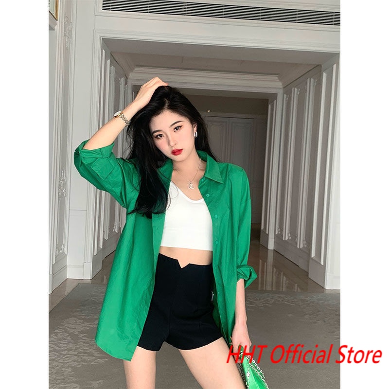 Áo Sơ Mi Chiffon Tay Dài Dáng Rộng Màu Xanh Lá Phong Cách Hàn Quốc Thời Trang Cho Nữ