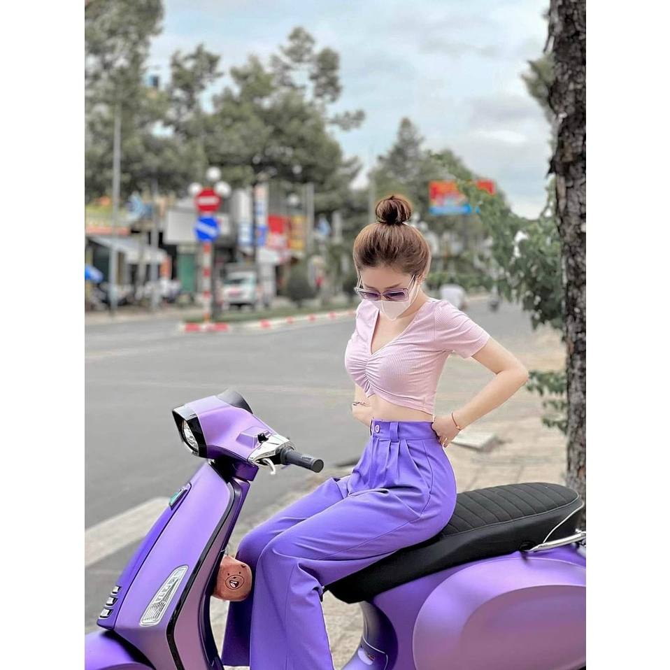 Sét bộ đồ nữ áo thun croptop kèm quần ống rộng màu tím xìteen