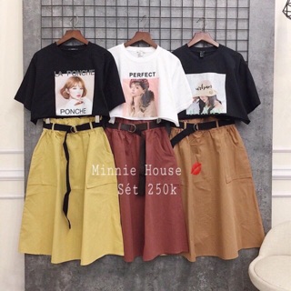 [Ảnh thật Set Bộ, Set Áo Phông Hình + Chân Váy Kaki Kèm Đai Siêu Xinh