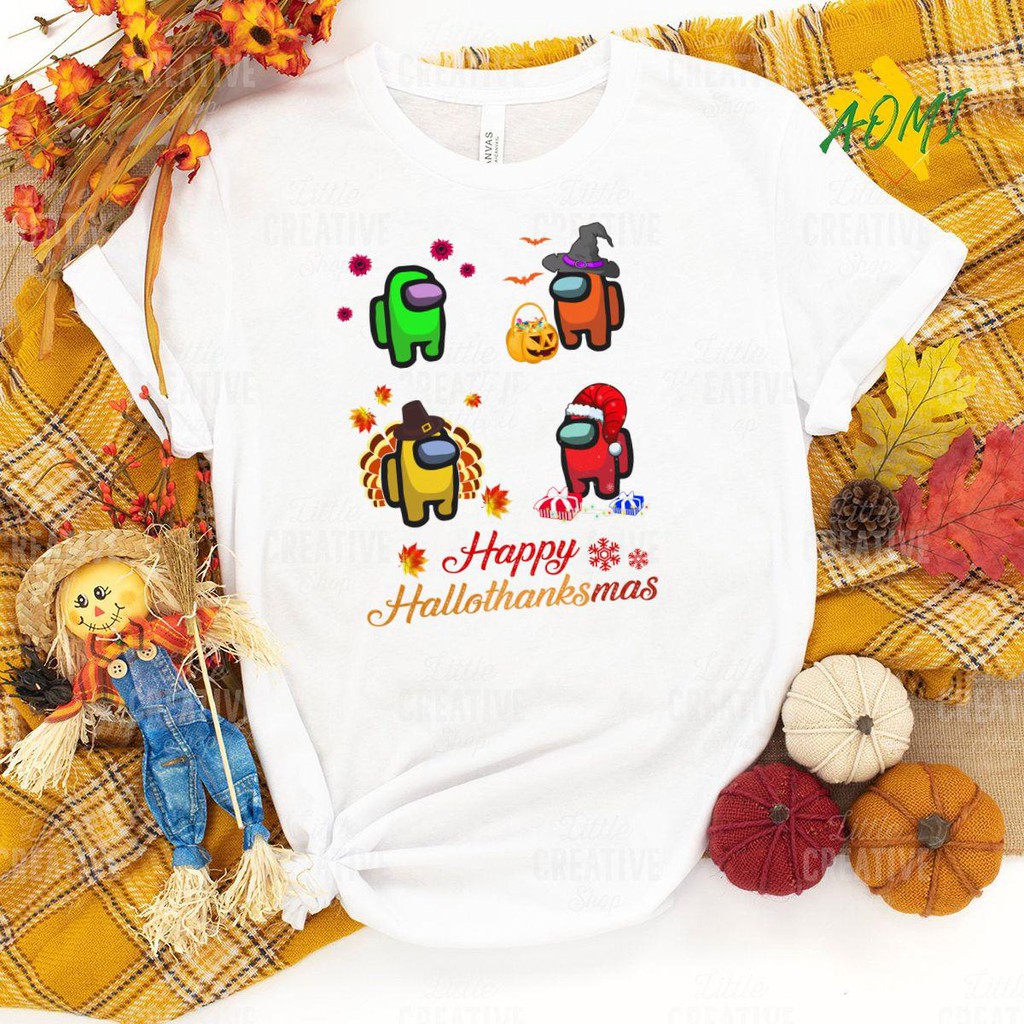 ÁO THUN AOMI UNISEX Happy Hallothanksmas AmongUs Game Shirt TAY LỠ TAY NGẮN NAM VÀ NỮ IN HÌNH SIÊU HOT AOMIVN