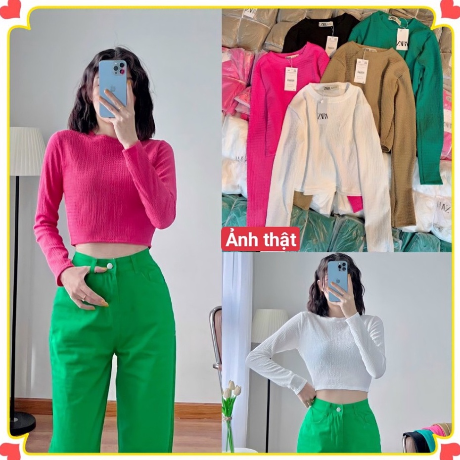 Áo Croptop Tay Dài Cổ Tròn - Áo Thun Nữ Chất Xốp Mát Co Dãn Tốt - HÀNG TEM MÁC CHUẨN SHOP