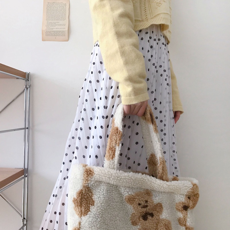 Túi Tote Đeo Vai Phủ Lông Cừu Giả Họa Tiết Gấu Hoạt Hình Thời Trang Mùa Đông Cho Nữ
