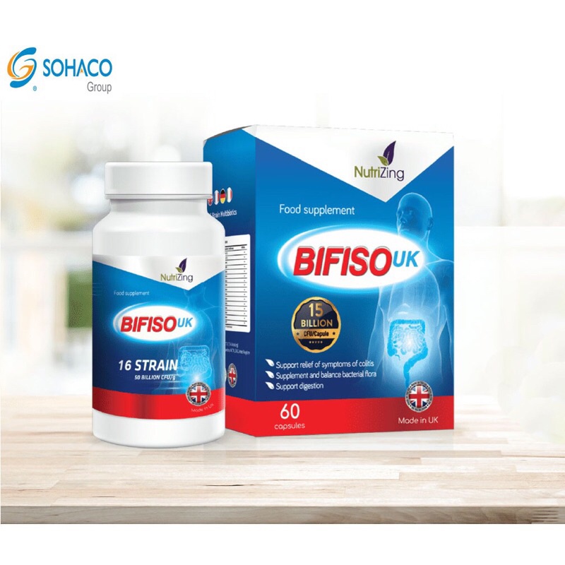 Men Vi Sinh BIFISO UK dạng viên (lọ 60 viên) Có 15 tỷ lợi khuẩn có lợi cho đường ruột - Nhập khẩu Anh Quốc.